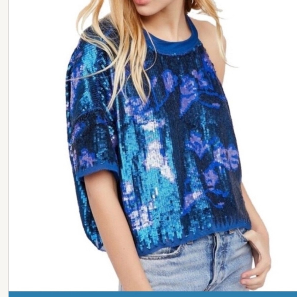 Free People Teal/ blue Sequin cold shoulder Blouse; size L; new